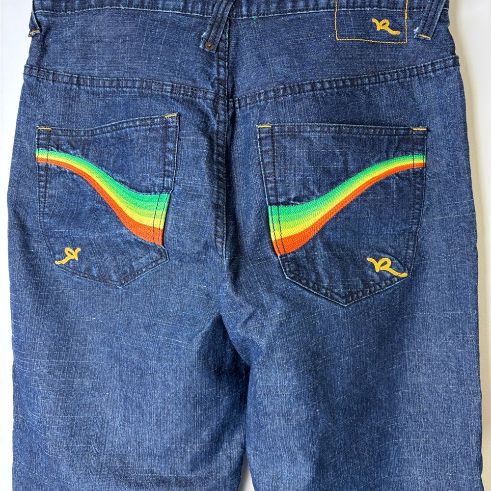 Rocawear Blue Relaxed Jeans with Classic with Embroidered Rainbows 36/32